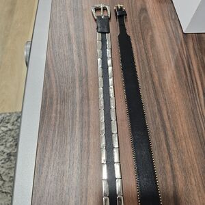 Vintage Black Leather Belt Bundle | Silver Metal Chain Belt + Zip-Edge Belt | Si